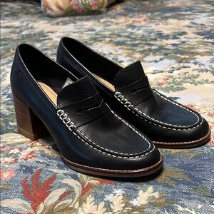 Sperry Seaport Penny Heel Leather Loafer Black White Stitching Sz 7